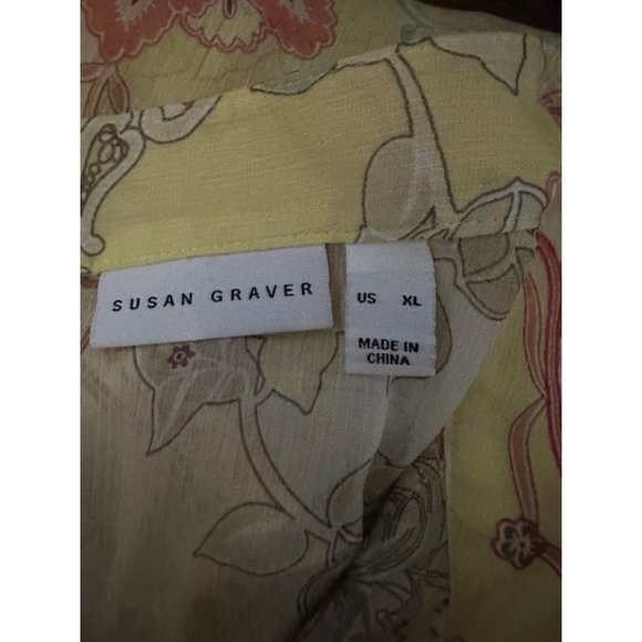 Susan Graver XL sheer yellow floral print long sleeve pin tuck v neck Boho top - Picture 4 of 7